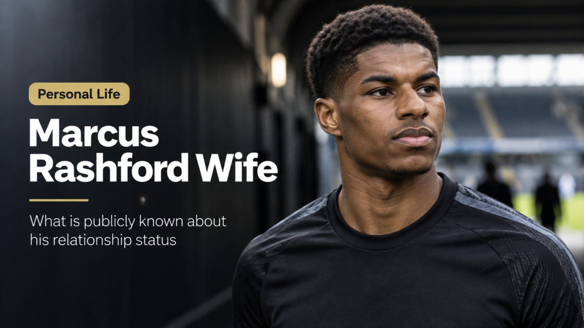 AI-generated editorial portrait of Marcus Rashford in a football stadium setting for the “Marcus Rashford Wife” article.
