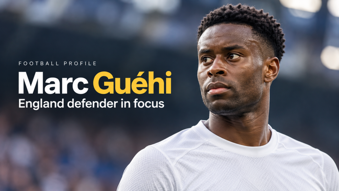 Marc Guéhi football profile portrait in a stadium setting
