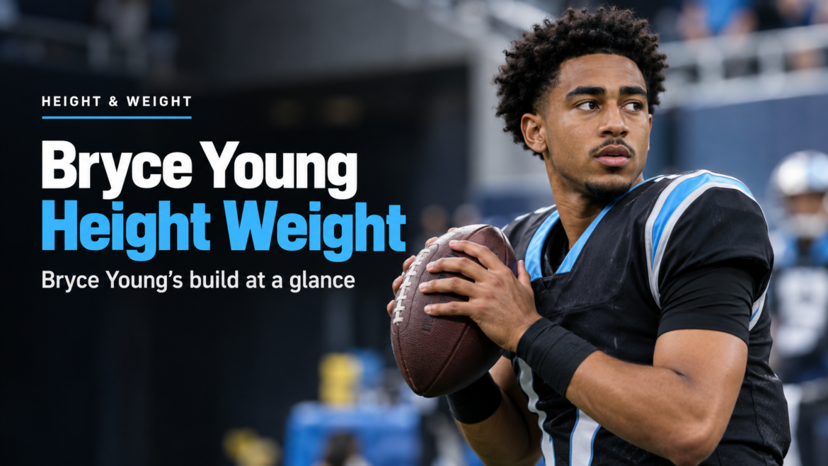 Bryce Young holding an American football in a quarterback pose for a Bryce Young height and weight profile.