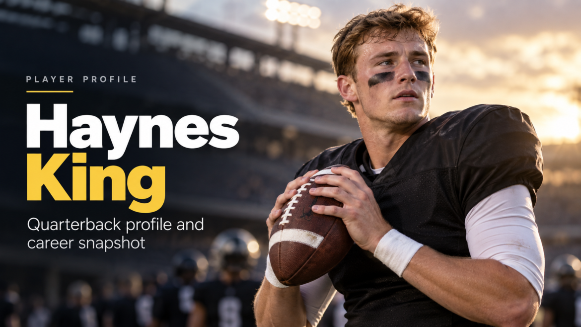 Haynes King quarterback profile holding an American football in a stadium setting