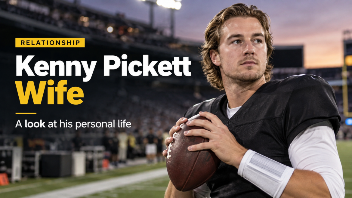 Kenny Pickett holding an American football in a stadium for a feature about Kenny Pickett wife and personal life.