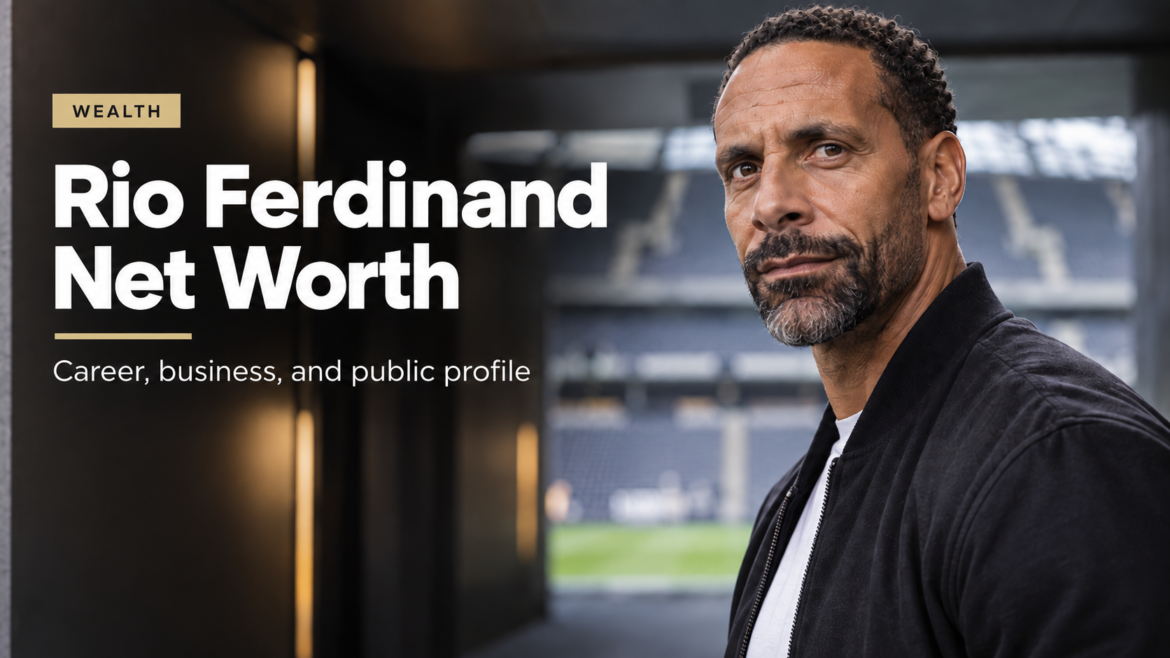 Rio Ferdinand Net Worth featured image with the former England footballer in a premium stadium setting
