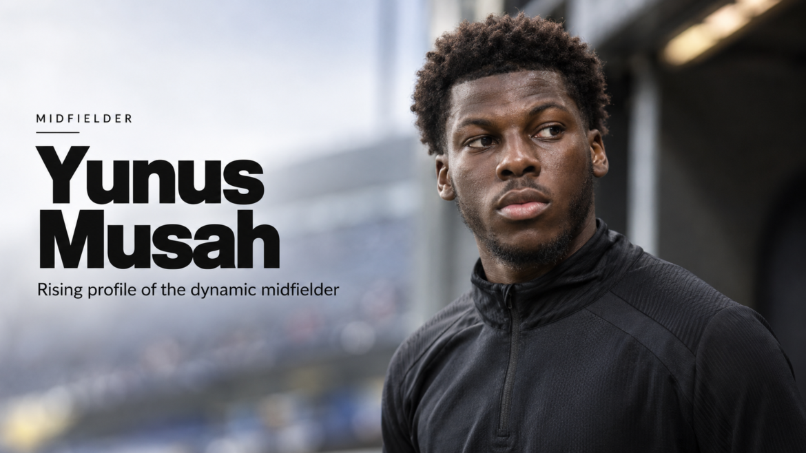 Yunus Musah featured football portrait in a stadium setting with midfielder profile text.