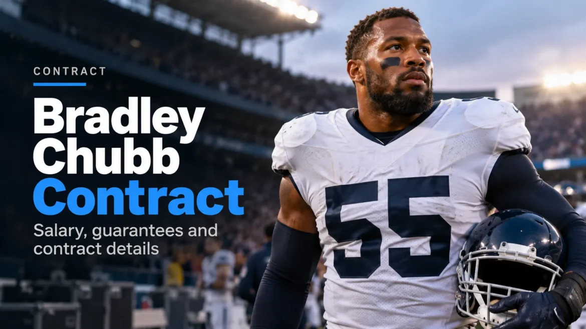 Bradley Chubb in American football gear at a stadium, featured in an AI-generated contract illustration.