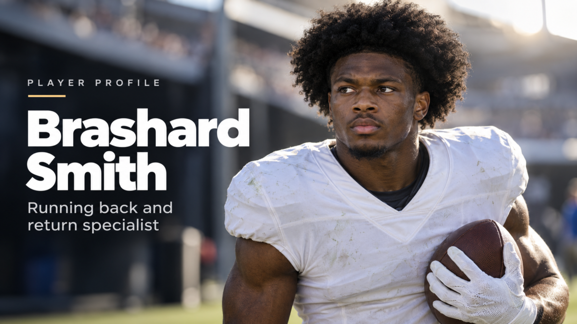 Brashard Smith holding an American football in a stadium setting for a player profile featured image.