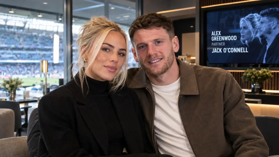 AI-generated editorial portrait of Alex Greenwood and Jack O’Connell together in a modern football stadium lounge.