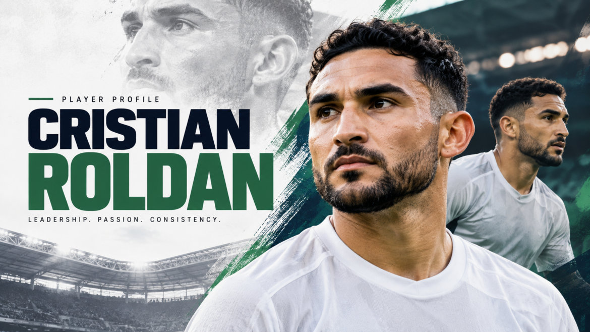 AI-generated editorial portrait of Cristian Roldan with a football stadium background and player profile design.