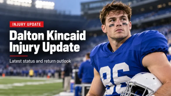 Dalton Kincaid injury update featured image showing the Buffalo Bills tight end in blue football gear at a stadium sideline.