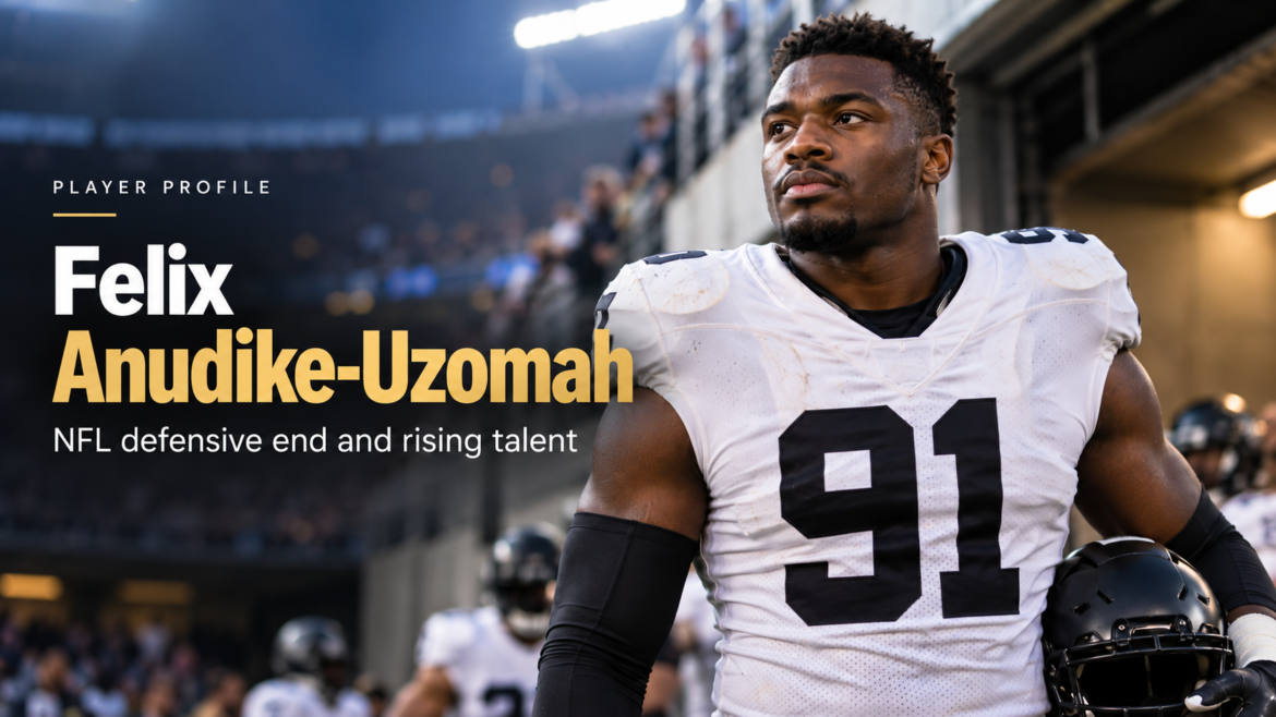 AI-generated editorial portrait of Felix Anudike-Uzomah in American football gear, wearing number 91 and holding a helmet in a stadium.