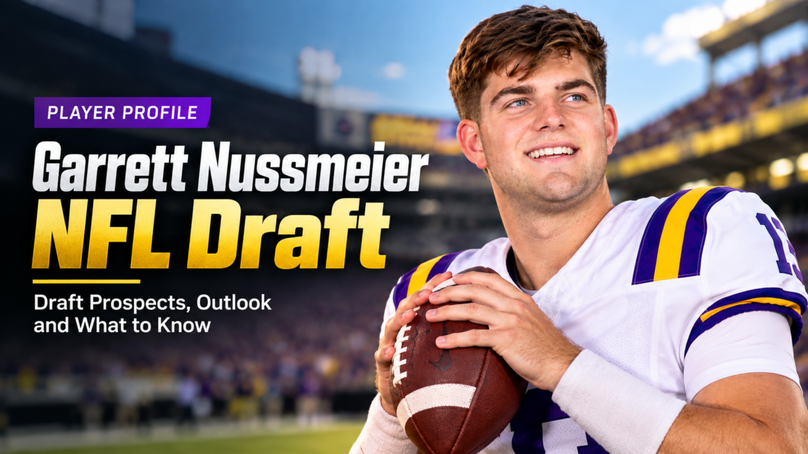 Garrett Nussmeier NFL Draft profile image showing the quarterback holding an American football in a stadium.