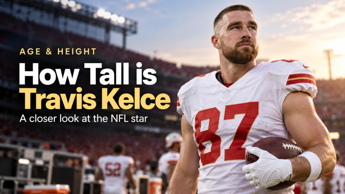 Travis Kelce on an American football field for an article about how tall Travis Kelce is