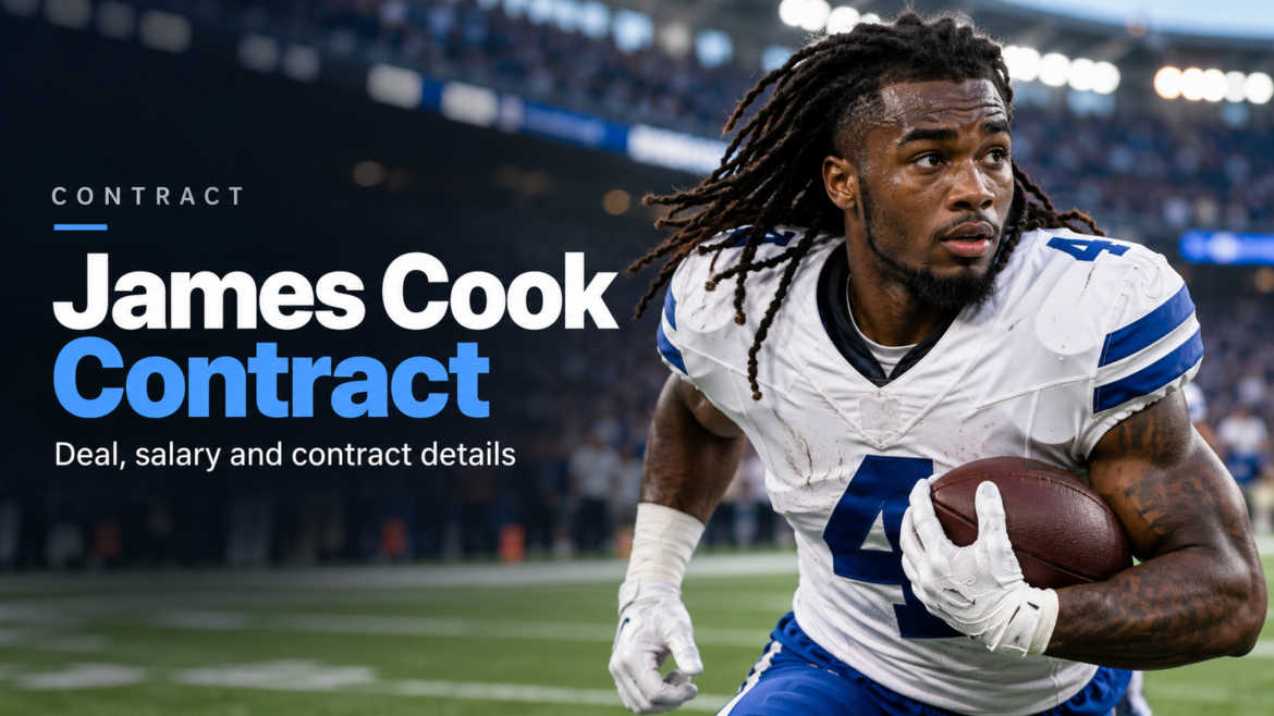 AI-generated editorial image of NFL running back James Cook holding an American football in a stadium, illustrating his contract details.