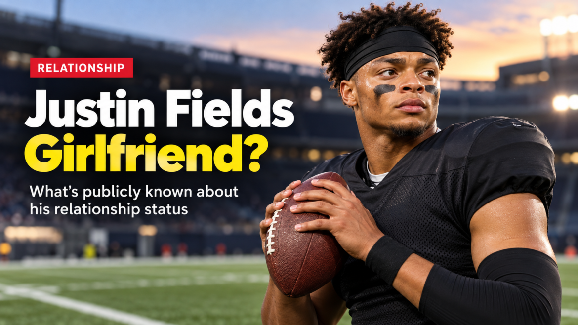 Justin Fields holding an American football in a stadium for a feature about his girlfriend and relationship status.