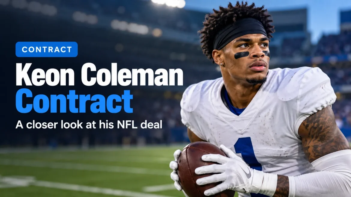 AI-generated editorial image of Keon Coleman holding an American football in a stadium.