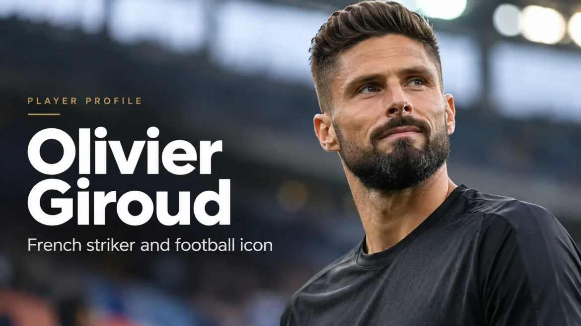 Olivier Giroud in a black football shirt with a blurred stadium background.