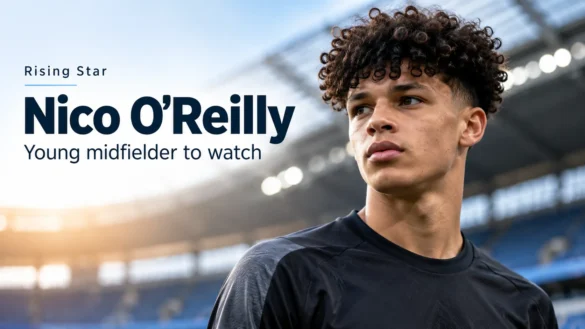 AI-generated editorial portrait of Nico O'Reilly wearing a dark football training jersey in a modern stadium.