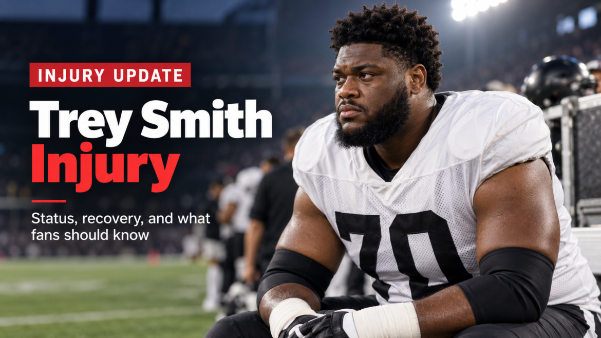 Trey Smith injury update featured image showing the NFL offensive lineman on the sideline.