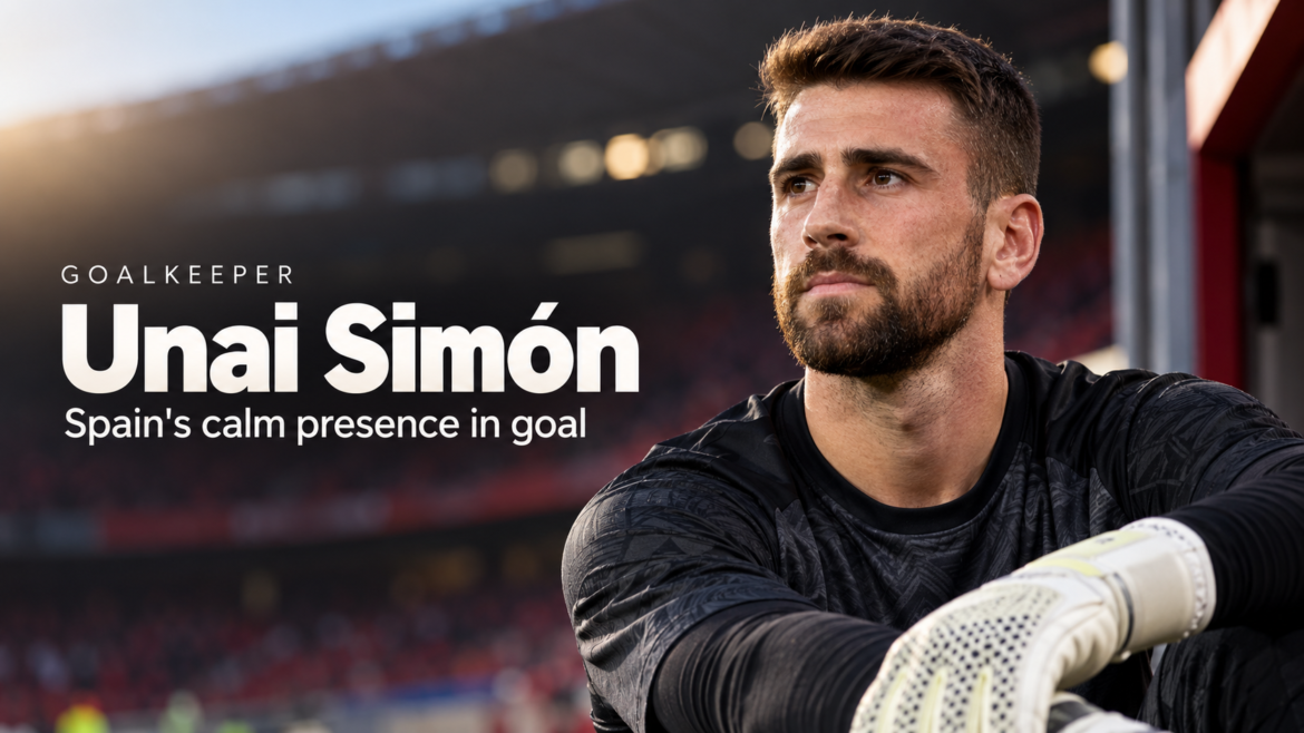 Unai Simón goalkeeper portrait in a football stadium with gloves and editorial sports background