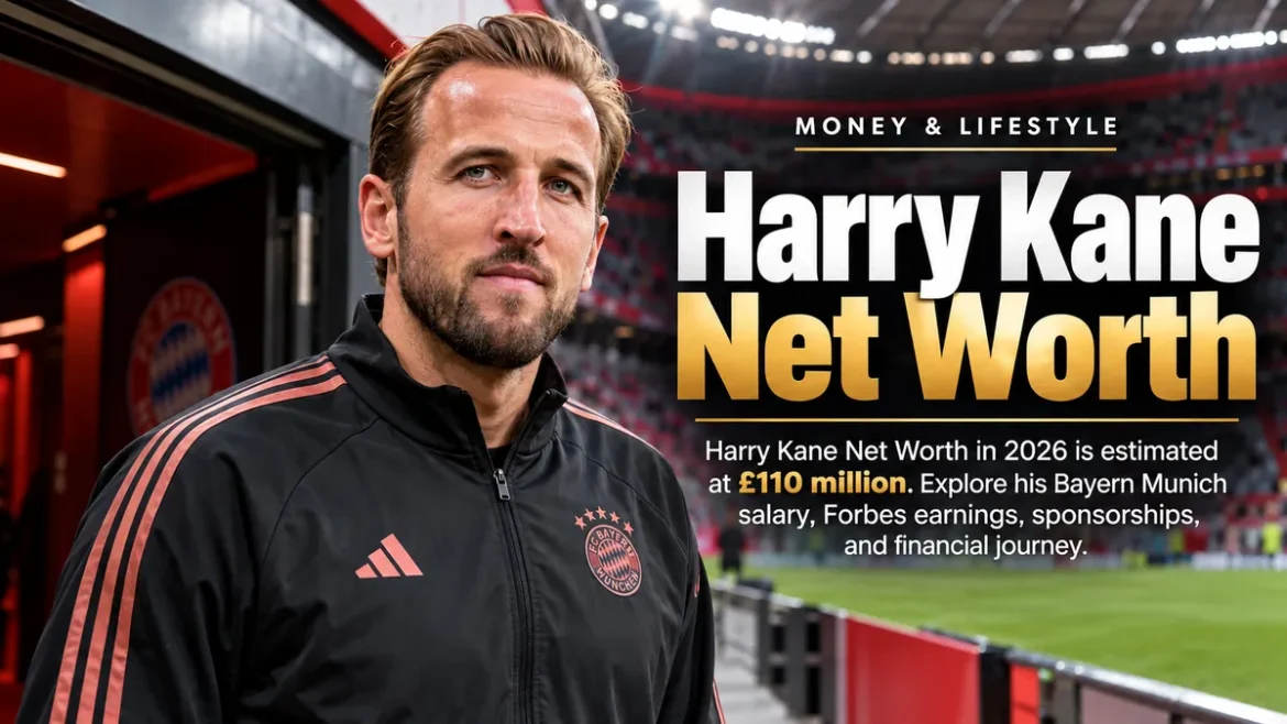 Harry Kane in Bayern Munich training jacket at a football stadium with Harry Kane Net Worth headline.